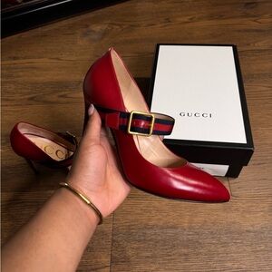 Gucci Red Leather Heels with Navy Strap